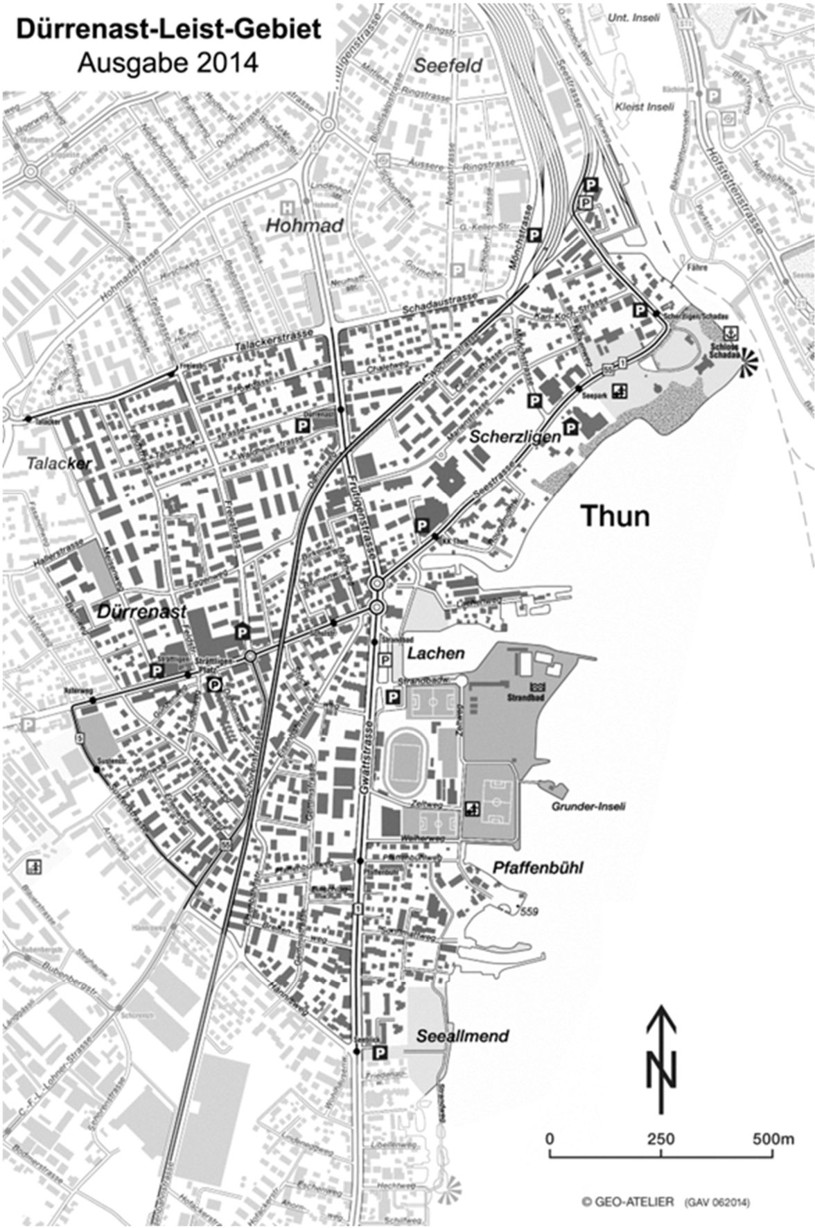 Karte des Dürrenast-Leist-Gebiets, Ausgabe 2014: von der Schadau und Scherzligen über Dürrenast, Lachen und das Strandbad bis Pfaffenbühl und Seeallmend, im Westen bis Talacker.